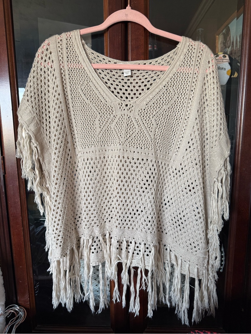Boston Proper Cream Open-Knit Fringe Poncho